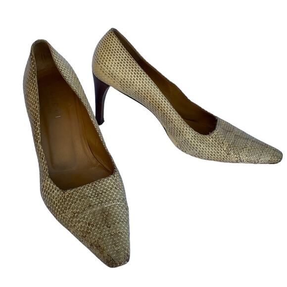 Vintage Gucci Tan Snakeskin Snip Toe Slip On Classic Heeled Pumps Size 9B - Picture 1 of 10